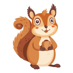 Obraz premium Cartoon happy squirrel holding nut isolated on white background