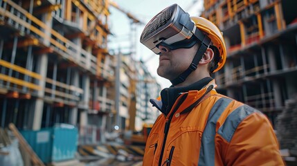 A high-tech construction site with automated cranes and drones, workers using augmented reality helmets for precision, building a skyscraper with innovative methods