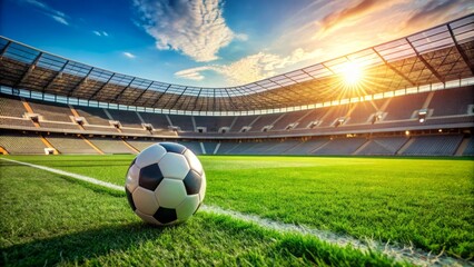 Lonely soccer ball rests on vibrant green grass in the midfield of a stadium, ready for an intense upcoming match.