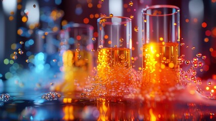 Obraz premium A sophisticated lab scene showcasing the process of mixing different sodas, vibrant liquid interactions, and effervescent reactions in high detail