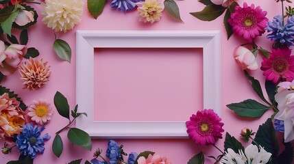 Obraz premium Bright white frame decorated with colorful flowers on a pink background