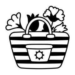 Beach bag with flowers in it, glyph icon 