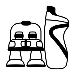 Binoculars and water bottle denoting camping gear, glyph icon 