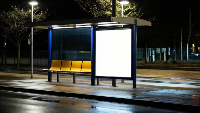 A modern bus stop with a blank copy space advertisement board at night