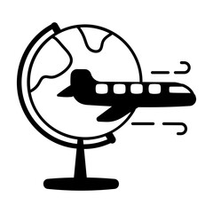 Plane with table globe denoting global travel, glyph icon 