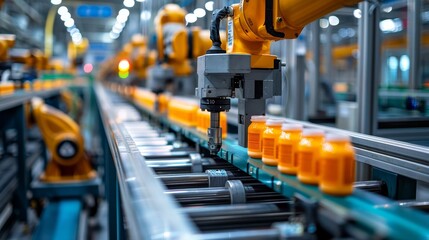 Automated robotic line producing and packaging plastic containers, highlighting advanced control systems and efficiency