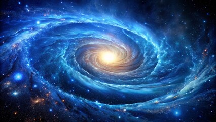 Vibrant blue galaxy swirls majestically in the darkness of space against a mysterious black cosmic background with scattered stars.