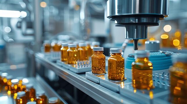 Cleanroom environment, jars being filled with exact volumes, advanced process control systems in action, high precision equipment