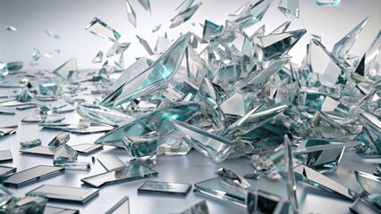 Sharp, jagged shards of transparent broken glass scattered chaotically across a pristine, unblemished, and perfectly lit white background surface.