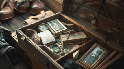 An old wooden chest filled with vintage photographs, books, and keepsakes, evoking nostalgia and memories of times past, carefully stored and treasured.