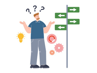 Man confused question marks making decision find direction on crossroad
