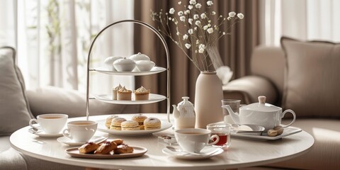 Fototapeta premium A serene afternoon tea setup with delicate pastries, scones, and a pot of freshly brewed tea, exuding elegance and tradition