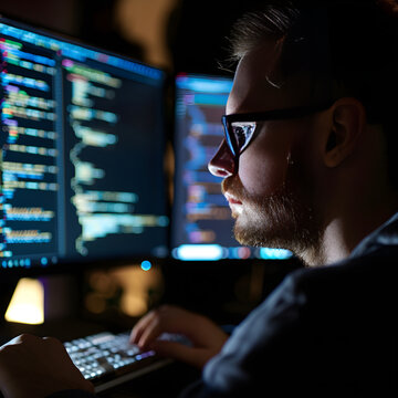 Software developer concentrating on his work, illuminated by the glow of multiple computer screens in a dark room