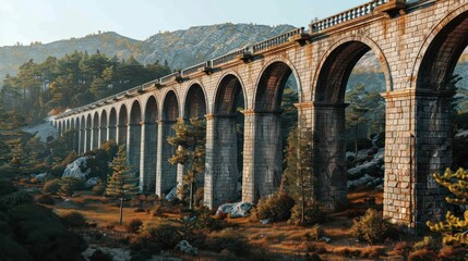 Obraz premium A long stone bridge spans a valley with a forest on either side