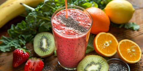 A vibrant smoothie being poured into a glass, surrounded by fresh ingredients and showcasing the health benefits of blended drinks