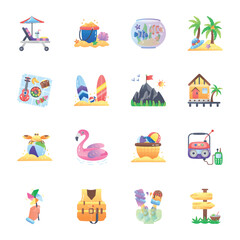 Collection of Beach and Camping Flat Icons 

