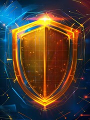 Futuristic golden shield icon with glowing edges on a dark background