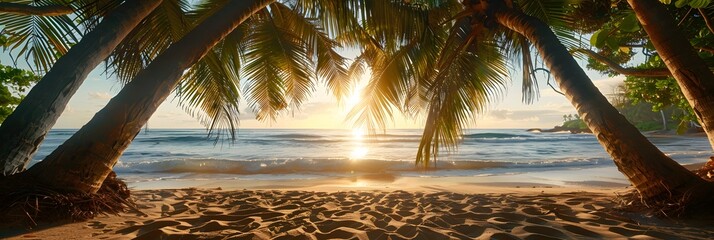 Soft, early evening sunlight filters through the palm fronds of a beachside grove. The light casts intricate patterns on the sandy ground, and the ocean waves sparkle in the distance