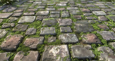 A close up of a stone walkway with moss growing on it