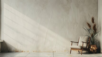 Vintage interior with wooden retro armchair against wall blank space for copy
