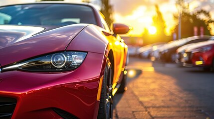Naklejka premium Close up of a red sport car in the parking lot at sunset