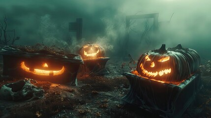 Eerie Halloween scene with glowing jack-o'-lanterns in a foggy graveyard creating a spooky atmosphere.