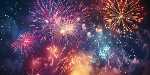 Naklejka premium A colorful fireworks display lighting up the night sky, celebrating a national holiday with excitement and wonder