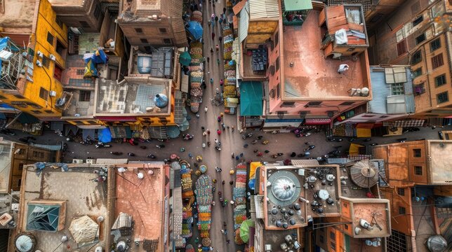 A city view with many people walking around and buildings with different colors