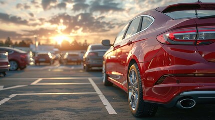 Red car parked in parking lot at sunset.