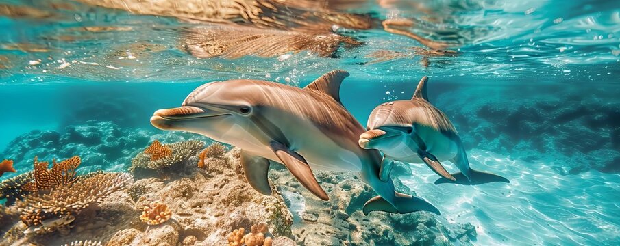 Family swimming with dolphins in tropical waters, sharing an unforgettable moment, with ample copy space