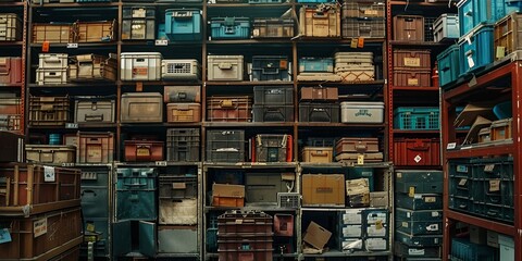 An industrial warehouse filled with stacked crates and shelves, representing storage and logistics operations