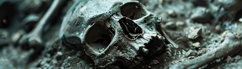 Close-up photo of an ancient skull partially buried in dirt, representing archaeology, fossils, and historical exploration.
