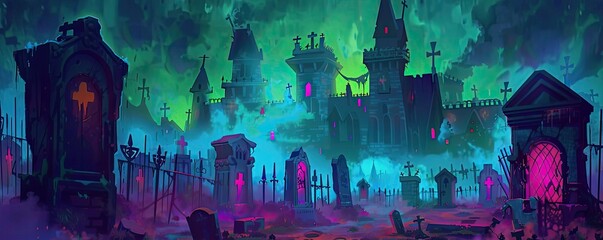 Hauntingly beautiful fantasy graveyard, glowing tombstones, eerie mist, gothic architecture, and vibrant skies create a spooky atmosphere.