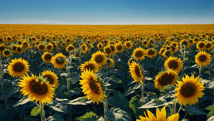 Obraz premium Field of bright yellow sunflowers under a clear blue sky.
