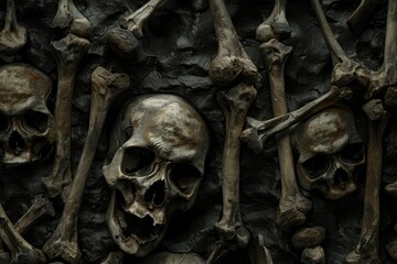 Ancient human skulls and bones displayed in a dark, eerie setting, evoking a sense of mystery and history.