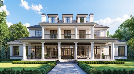 Fototapeta premium A large white house with a black roof and white pillars