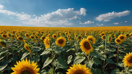 Obraz premium Field of bright yellow sunflowers under a clear blue sky.
