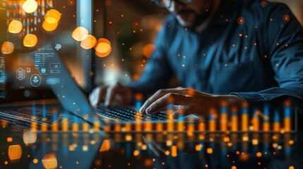 Businessman using a laptop, analyzes and calculates data