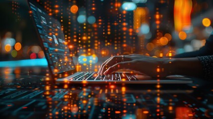 Businessman using a laptop, analyzes and calculates data