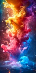 Vibrant and colorful abstract liquid explosion with swirling paint in vivid rainbow hues