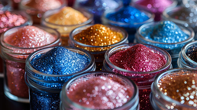 Shot of rows of unpressed vibrant eyeshadow pellets,
Purple glitters in a glass container

