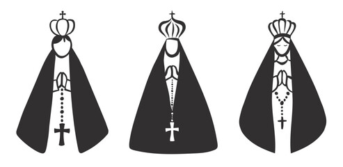 Set of doodles of the Virgin Mary, Our Lady of Aparecida, Catholic Saint. Vector illustration.eps
