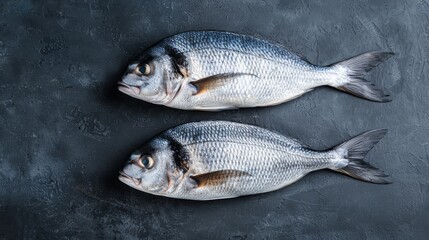 Fototapeta premium Top view of dorado fish, fresh and raw, on a dark isolated background, illuminated with studio lighting, clarity and quality for food advertising