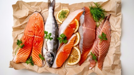 Top view of fresh and dried fish on paper wrap, high clarity and quality, perfect for food display and advertising, isolated background, studio lighting