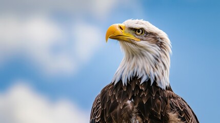 Fototapeta premium Close-up of a bald eagle with a striking blue sky background, showcasing its feathers and intense gaze.