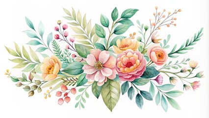 Obraz premium Delicate watercolor vector illustration of intertwined leafy branch collection adorned with vibrant flowers in soft pastel hues.