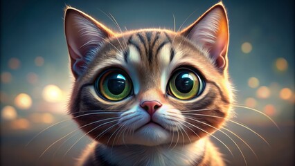 Whimsical isolated cartoon feline with enormous bright expressive eyes and soft whiskers gazing upwards with innocence and curiosity.