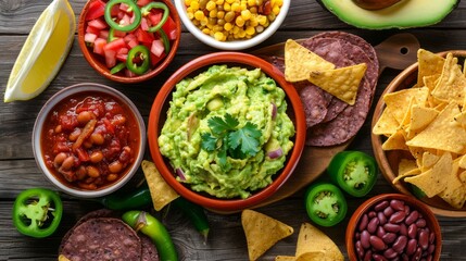 Vibrant Mexican food spread, top view, guacamole, salsa, beans, jalapenos, chorizo, tortilla chips on wooden board, isolated background, studio lighting, advertising quality