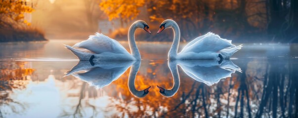 Swans reflecting on calm lake during autumn sunrise