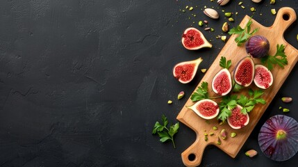 Wooden cutting board with sliced figs and chopped pistachios, isolated on a dark background, studio lighting, intricate details and rich colors